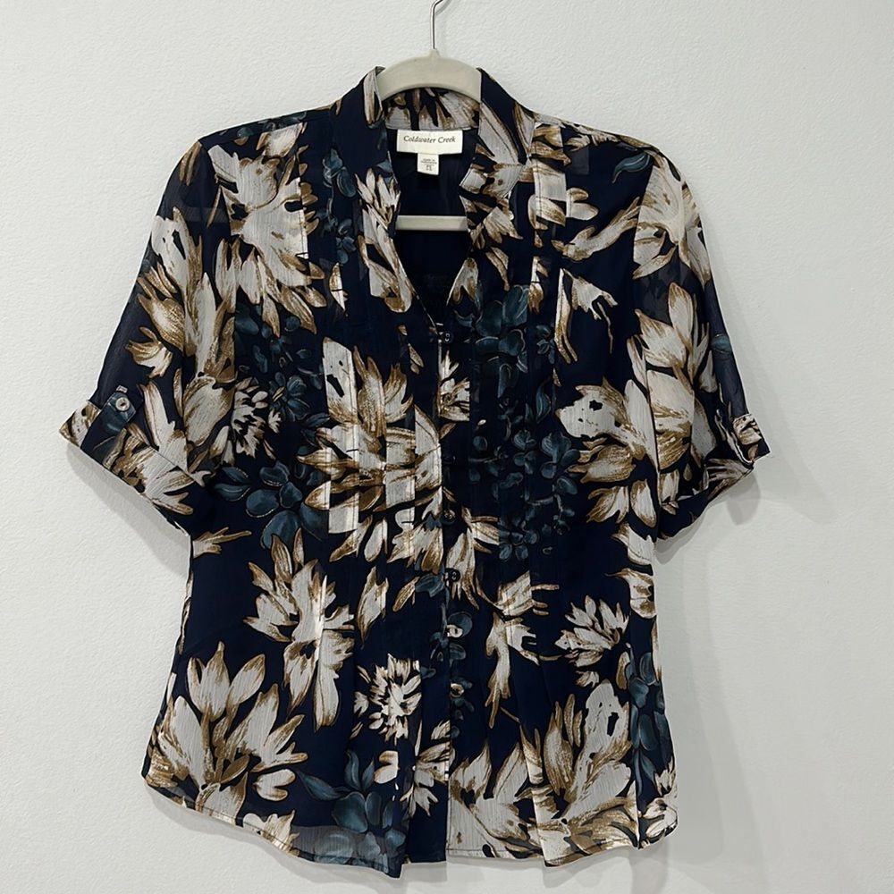 Coldwater Creek Pleated Blouse Floral Print Short Sleeve Sz PS